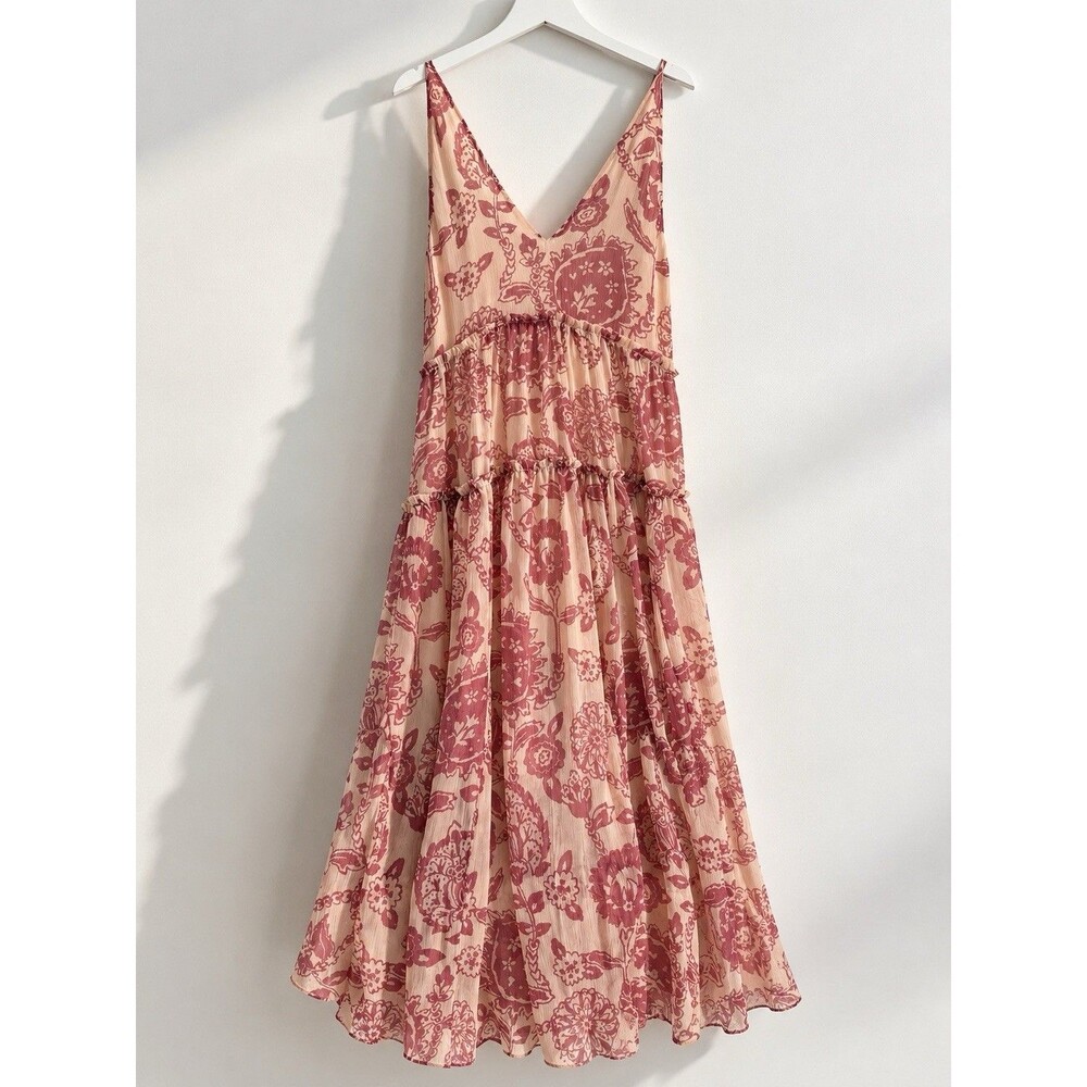 Free People Floral Paisley Boho Tiered Maxi Dress Pink Cream Size XL